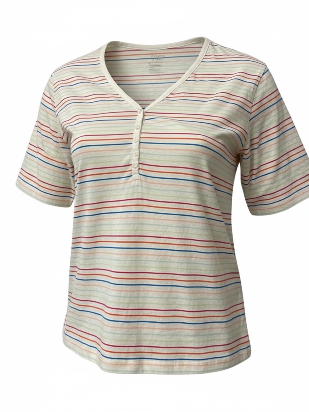 Lands' End Cream Henley Tee with Red and Blue Stripes Size Small